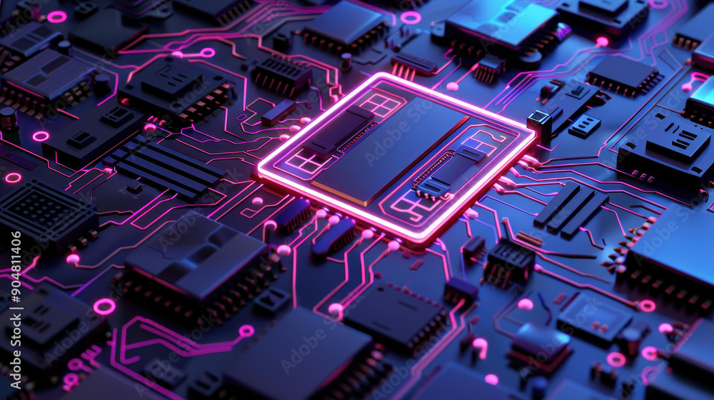 Poster a vivid chip circuit hologram illuminates the dark space, showcasing a futuristic cpu design and met