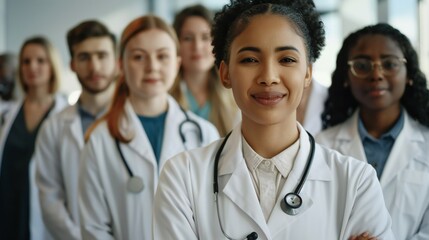 Fototapeta premium Group of multicultural healthcare workers standing together, all wearing lab coats and smiling.