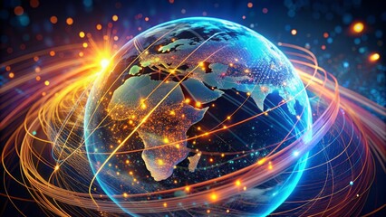 Obraz premium Vibrant glowing lines and dots swirl around a stunning 3D globe, illustrating the dynamic flow of internet data traffic across the world in real-time.
