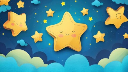 A whimsical watercolor backdrop featuring golden stars and soft blue clouds, perfect for childrens events and greetings.