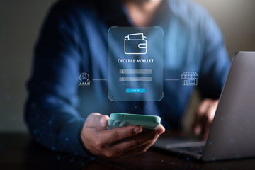 Digital wallet concept , man using smartphone to connect digital wallet, Electronic payment , e-wallet.