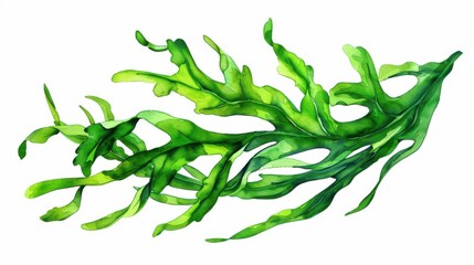 A beautiful watercolor illustration of green seaweed leaves, showcasing intricate details and natural beauty.