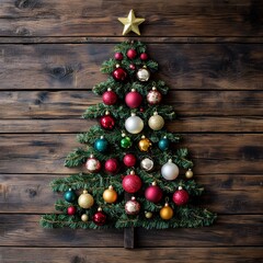 Creative Christmas Fir Tree Made from Holiday on Wood Background