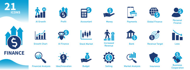 Naklejka premium Finance icons. Set of flat icons on business, money, development, growth, profit, artificial intelligence, budget, banking. Solid vector icon