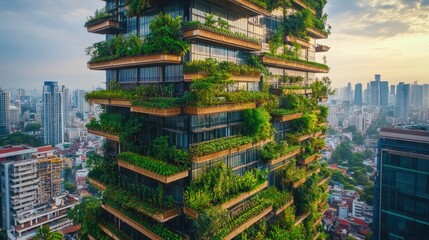 Obraz premium Vertical Garden Skyscraper in Urban Cityscape with Lush Greenery and Modern Architecture
