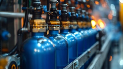 Oxygen cylinder with compressed gas. Blue Oxygen tanks for industry. Liquefied oxygen production. Factory