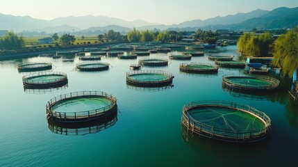 Aerial View of Expansive Fish Farms with Circular Enclosures Amidst Serene Landscape
