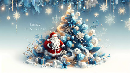 Happy New Year on a blue abstract background. Santa Claus near the Christmas tree. Generated AI