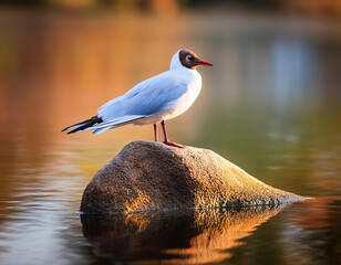 Fototapeta premium A serene black-headed gull (chroicocephalus ridibundus) perches on a rough stone on the lake in golden hours with reflections of the water