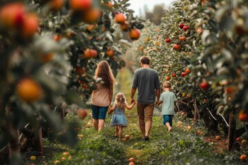 A family walks hand in hand through an apple orchard, Family walking through an apple orchard hand in hand