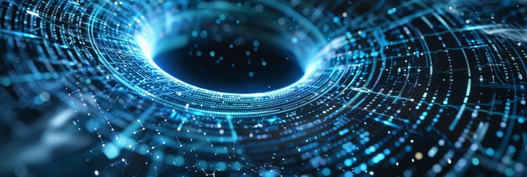 The visual showcases a swirling futuristic digital design in various blue tones