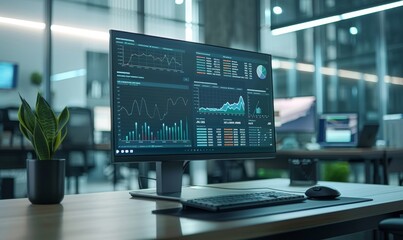 Desktop Computer Monitor with Finance Statistical Data Software and Progressive User Interface Standing on the Desk in the Modern Business Office. In the Background Glass Wal, Generative AI