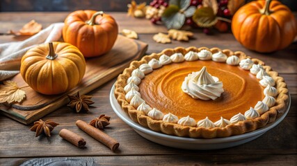 Fototapeta premium Pumpkin Pie with Whipped Cream and Autumn Decorations.