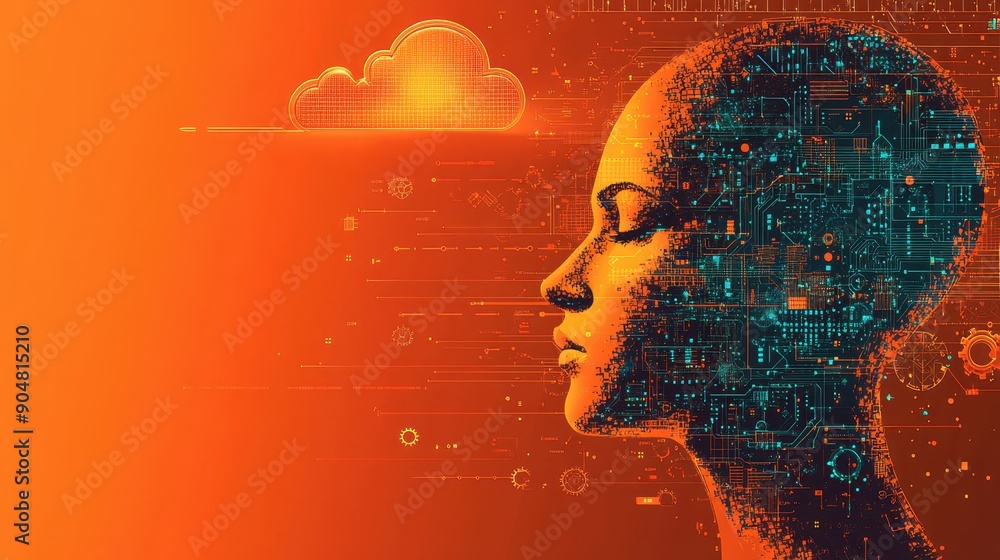 Poster a digital illustration of a human head composed of circuits and data, with a cloud icon, symbolizing