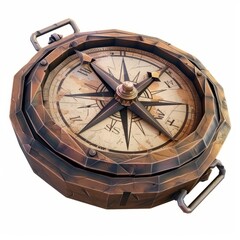 3D Render, Low Poly style of a time-worn compass, on isolated white background, Generative AI