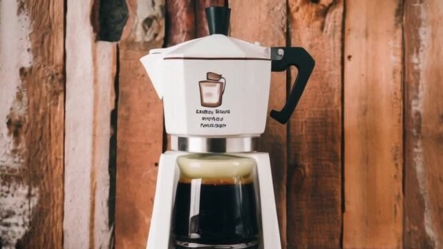 The image shows a coffee maker with a cylindrical base and a hexagonal top. It is brewing with dark coffee visible in the transparent lower chamber. The background is made up of various shades