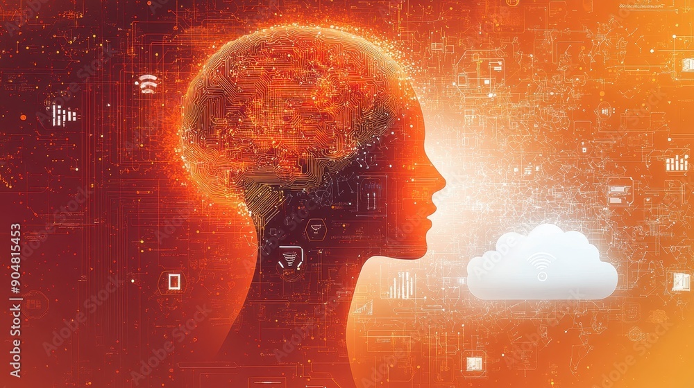Poster a digital illustration of an ai brain with gears and data streams, set against a background filled w