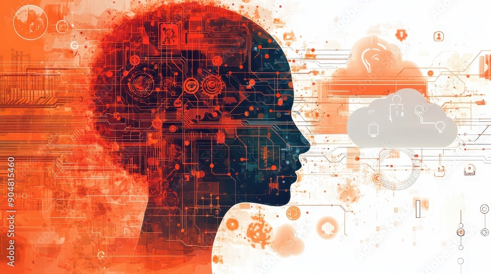 Poster a digital illustration of an ai brain with gears and data streams, set against a background filled w