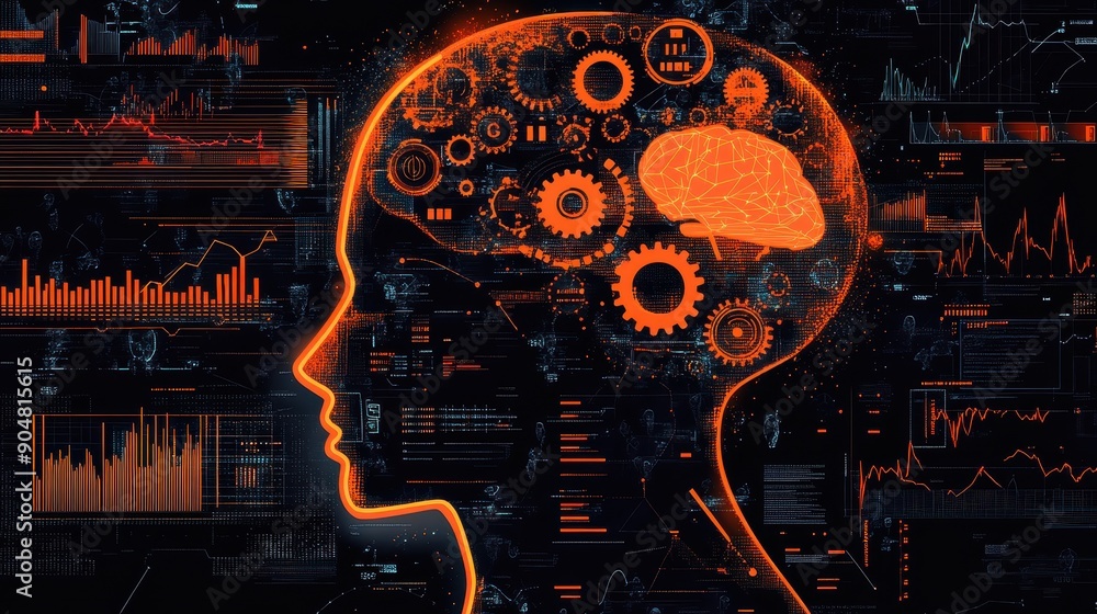 Poster abstract illustration of a human head integrated with digital networks and cloud computing, symboliz