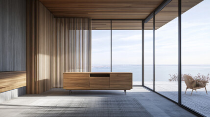 Modern sideboard next to a large window in a property interiors design composition inside a room with wall panels. Real Estate conceptual luxury image.