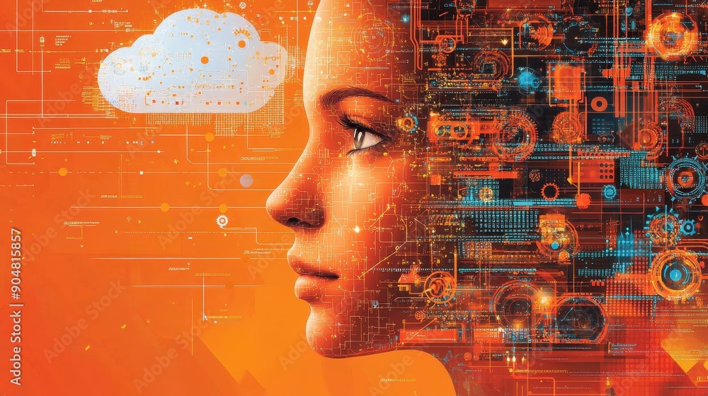 Poster artificial intelligence and muslim denoting an abstract minimalist background with the face of man's