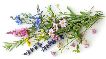 Wildflowers and herbs bunch on the white background