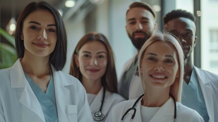 Fototapeta premium Healthcare team, including men and women from different backgrounds, posing cheerfully together