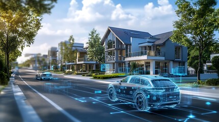 Fototapeta premium A conceptual image showing the integration of machine learning in everyday applications, such as smart homes and autonomous vehicles --ar 16:9