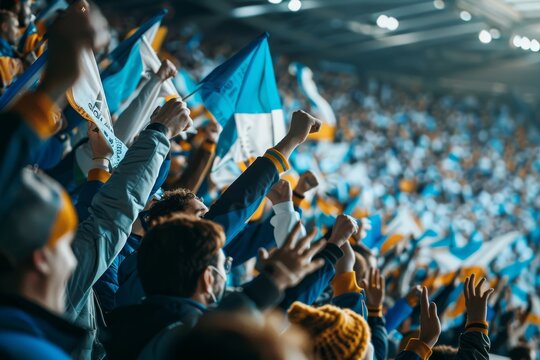Crowd of fans in stadium stands, energetically waving blue and yellow flags to show support during event, Fans cheering in the stands, holding banners and flags