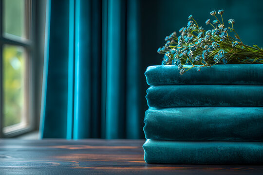 Pile of blue velvet sheets adorned with delicate flowers.