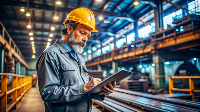 Industrial Worker Taking Notes on Tablet.