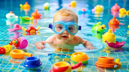 Adorable tiny swim goggles and colorful pool toys scattered underwater, capturing the fun essence of baby swimming lessons in a clean and safe environment.