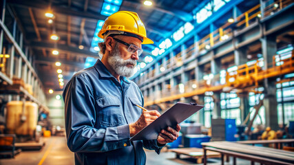 Senior engineer inspecting factory production line.