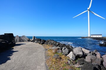 seaside walkway and far wind turbine