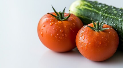Fresh cucumbers and tomatoes captured up close, set against a white backdrop