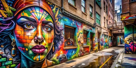 Fototapeta premium Colorful Graffiti Mural in a Narrow Alleyway with Brick Walls and a Puddled Pavement