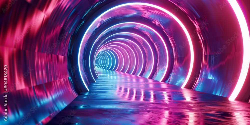 Poster the neon tunnel has a futuristic design with modern architecture, creating a mesmerizing atmosphere