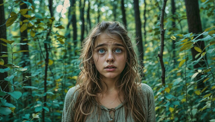 Naklejka premium Scared young woman lost in forest. Fantasy character portrait. Dramatic lighting. Movie scene.