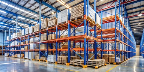 Warehouse Interior with Orange and Blue Metal Storage Racks and Cardboard Boxes on Pallets