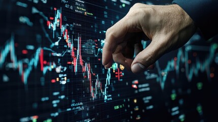 Modern Trading Concept - Hand Interacting with Virtual Stock Market Display, Generate Ai