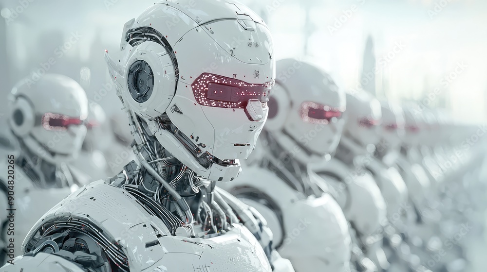 Poster futuristic smart factory with robotic workers illustrating automated manufacturing efficiency, gener