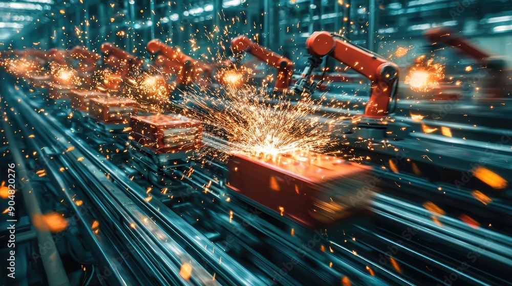 Poster futuristic smart factory with robotic workers revolutionizing automated manufacturing, generate ai