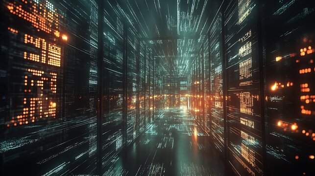 A futuristic visualization of big data being processed by a machine learning algorithm, with streams of data flowing through servers --ar 169