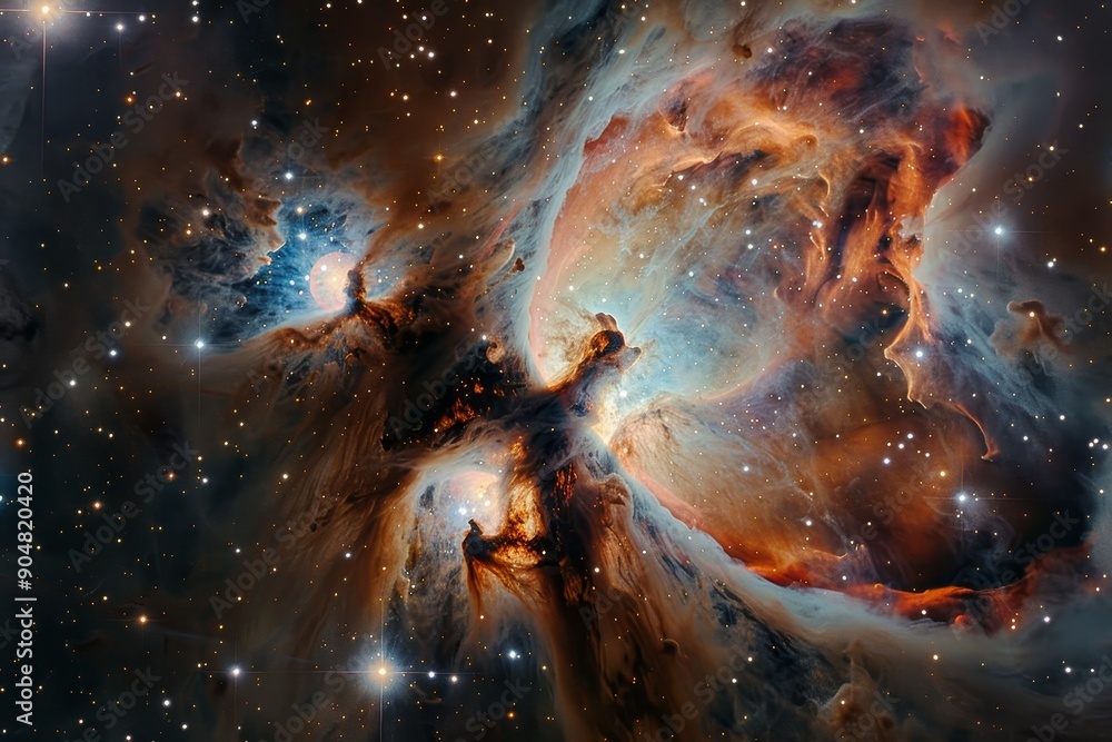 Poster the image showcases the vibrant colors and swirling patterns of the orion nebula in space, featuring