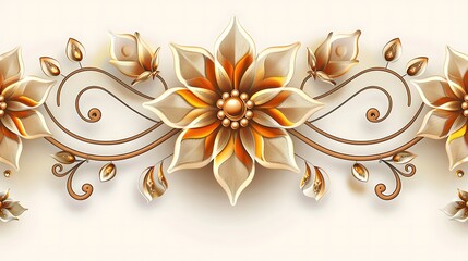 an abstract floral design, featuring orange and brown flowers with swirling vines on a light background.