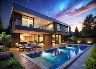 Illuminated luxury modern house at night with sparkling outdoor swimming pool surrounded by lush greenery and sleek patio furniture under a starry sky.