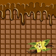Vanilla and chocolate illustration.Colored vector illustration with vanilla on the background of a bar of chocolate with drips.