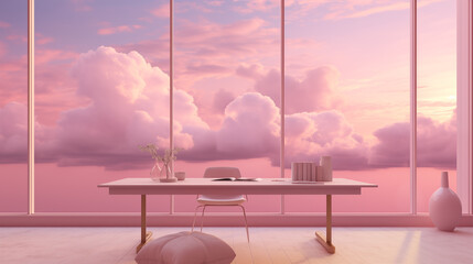 Fototapeta premium reamy pink clouds, huge floor-to-ceiling windows, tables and chairs in front of the window