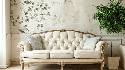 A large, ornate armchair with floral upholstery
