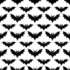Halloween pattern with a cute bat in the night sky for party decoration. Funny October night gold seamless modern background